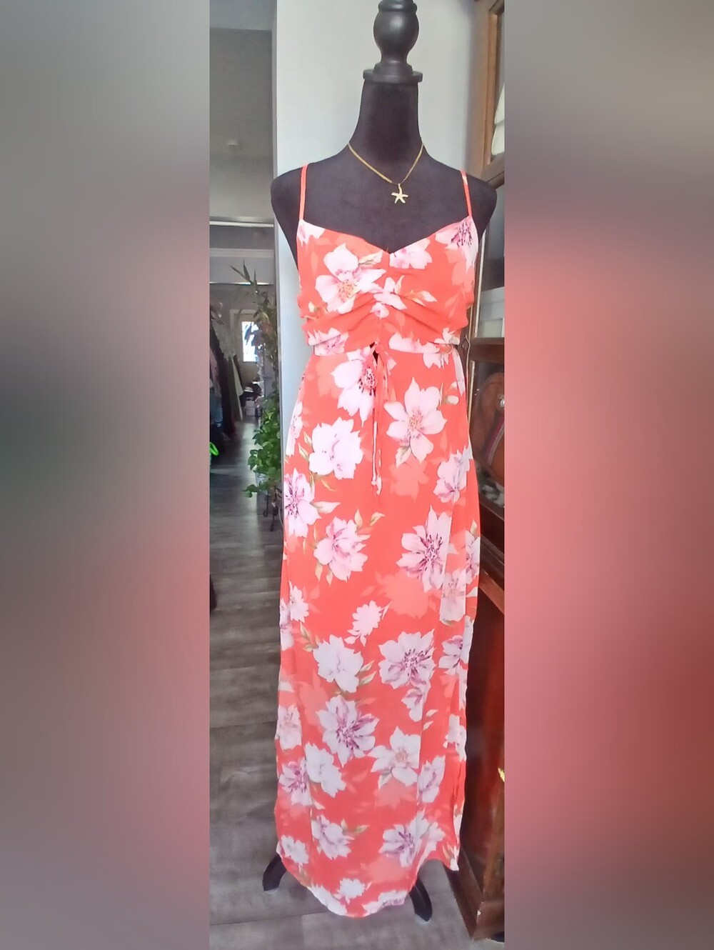 Floral Orange  Maxi Dress with Spaghetti Straps